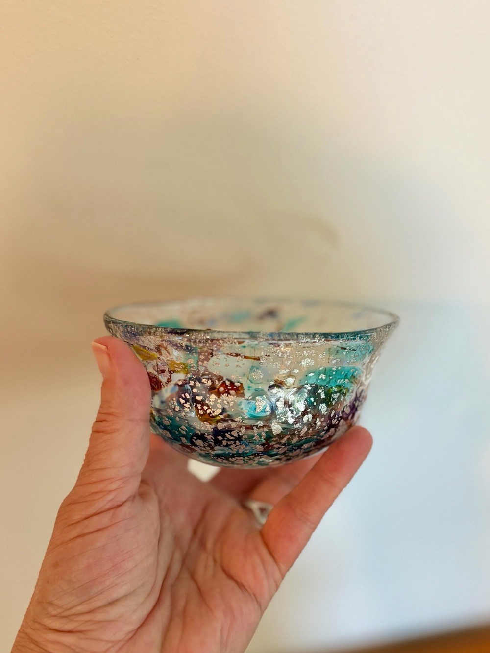 Hand-Blown Decorative Glass Bowl in Confetti and Silver Foil design.